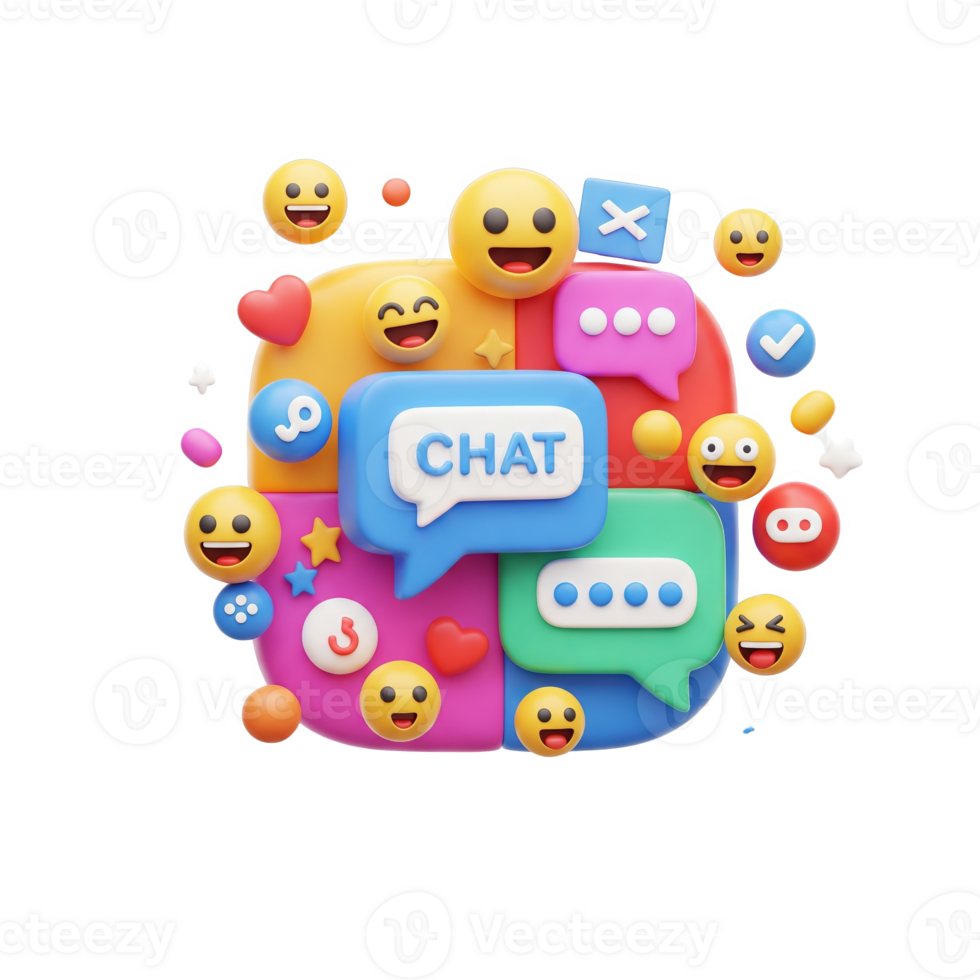Colorful 3 D Emojis and Chat Bubbles Social Media Communication Concept isolated on a transparent background png