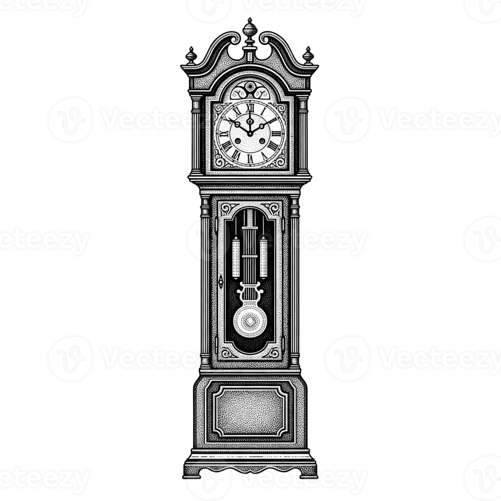 Antique Grandfather Clock Stipple Illustration Black and White Tall Case Clock Timepiece isolated on a transparent background png