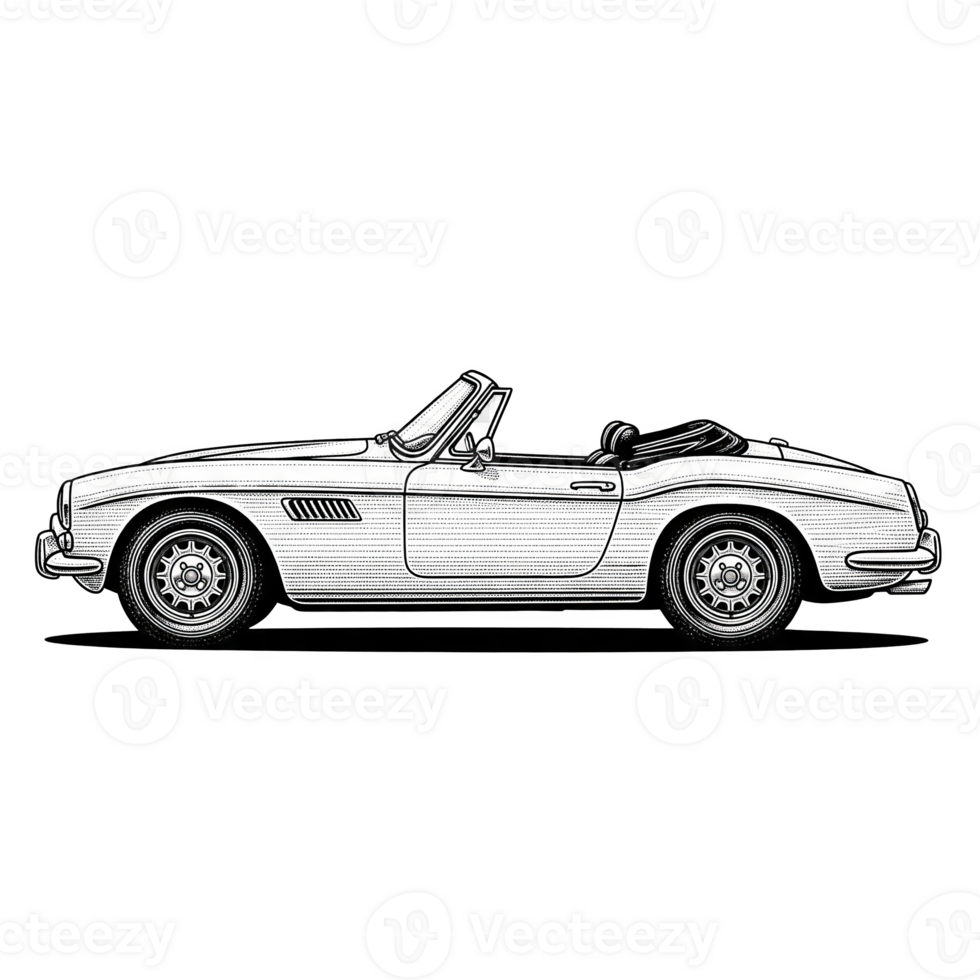 White Classic Convertible Sports Car Side Profile Line Art Illustration isolated on a transparent background png