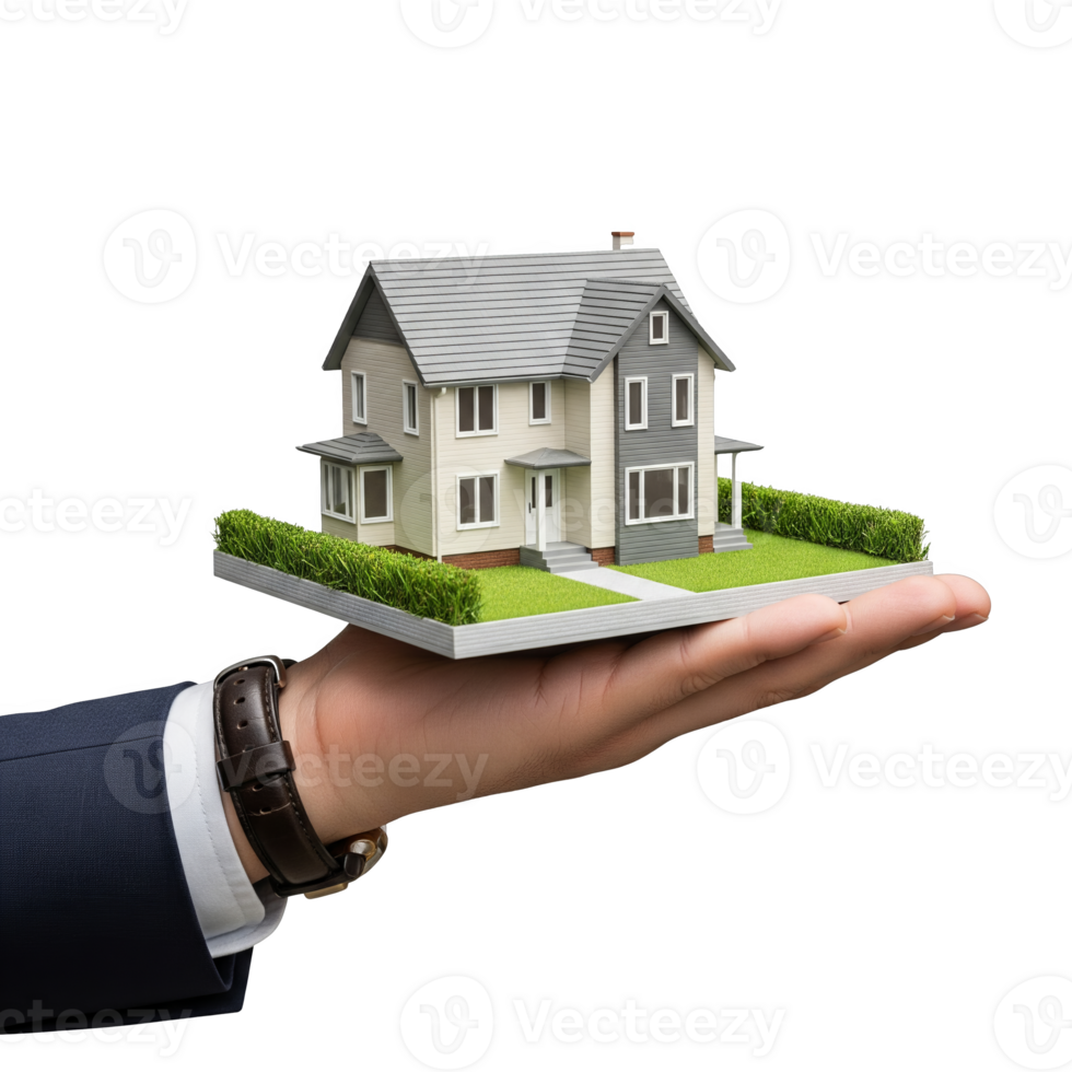 Two Story House Model Beige Gray Green Grass Base Held in Hand isolated on a transparent background png