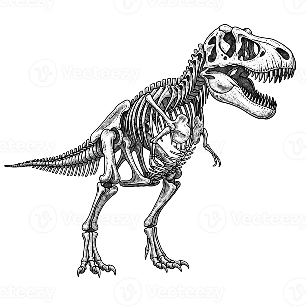 Tyrannosaurus Rex Skeleton Stippled Illustration Grey White Bones Prehistoric Animal Fossil isolated on a transparent background png