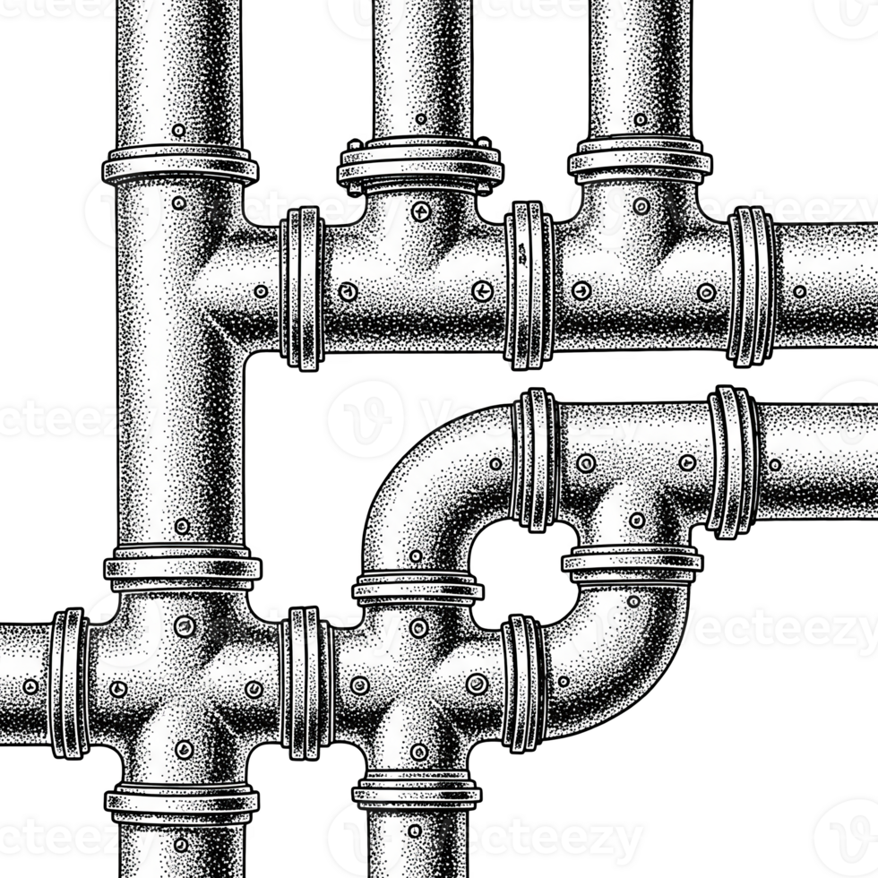 Stippled Illustration of Interconnected Metal Pipes Industrial Plumbing System Grey Scale isolated on a transparent background png