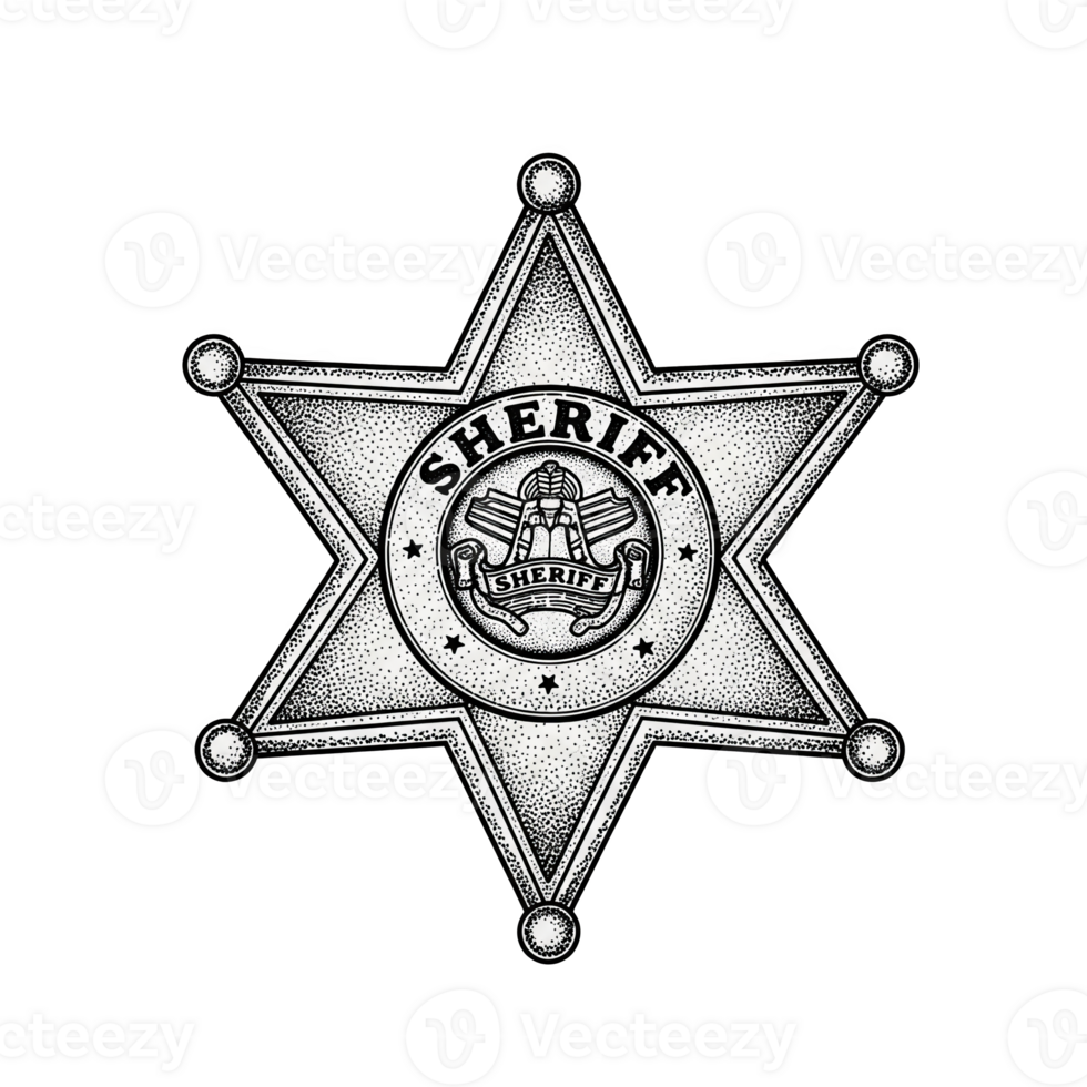 Stippled Sheriff Badge Six Pointed Star Black White Law Enforcement Insignia isolated on a transparent background png
