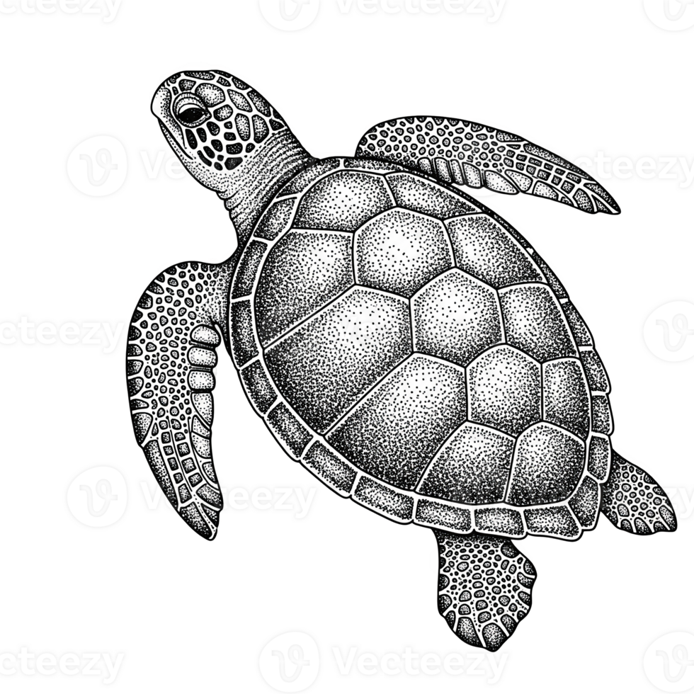 Stippled Sea Turtle Illustration Black and White Marine Animal Detailed Drawing isolated on a transparent background png
