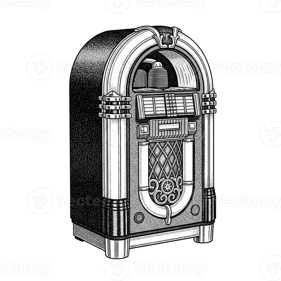 Vintage Black and White Stipple Jukebox Illustration Detailed Retro Music Machine Graphic Design Element isolated on a transparent background png