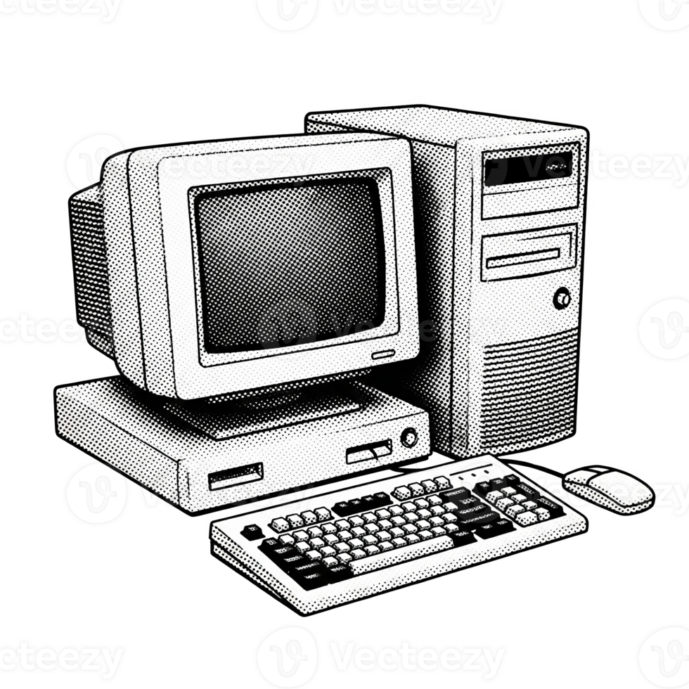 Vintage Desktop Computer System with C R T Monitor Keyboard and Mouse Halftone Illustration isolated on a transparent background png