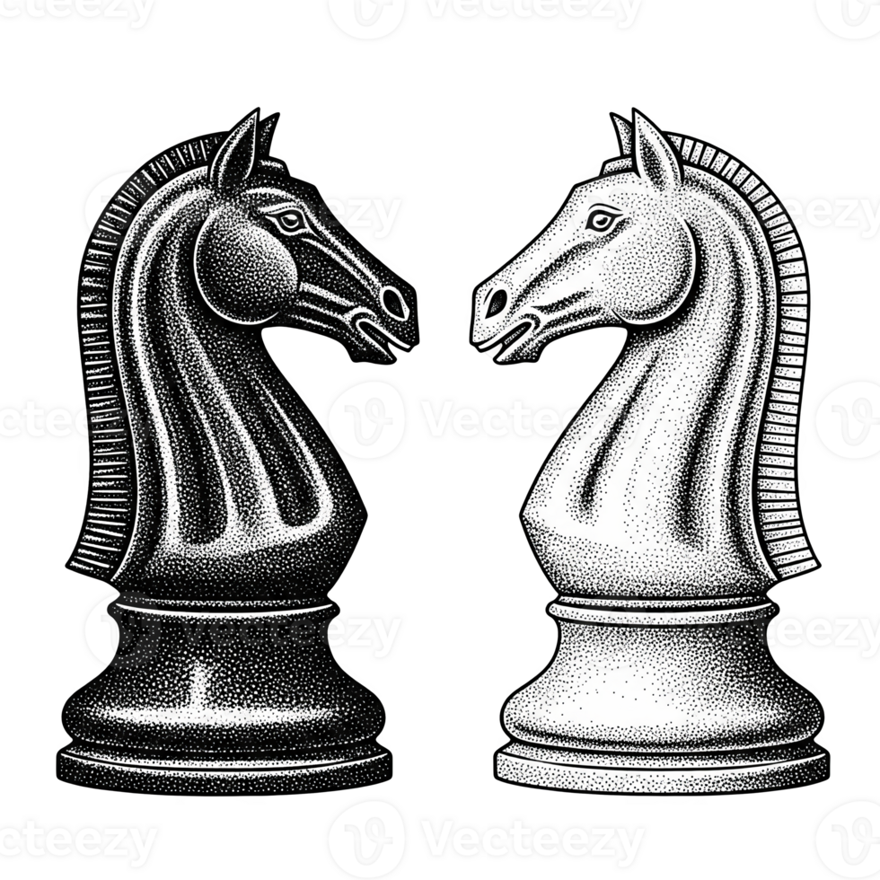 Two Black and White Chess Knight Pieces Facing Each Other Stippled Illustration isolated on a transparent background png