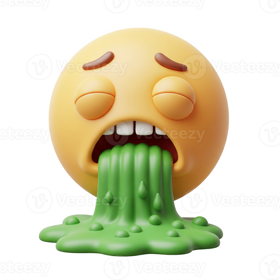 Yellow Emoji Face Vomiting Green Slime 3 D Render Isolated on a transparent background emoticon png