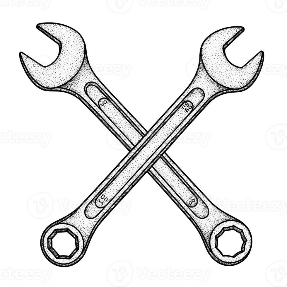 Two Silver Wrenches Crossed Stippled Illustration Isolated on a transparent background tools png