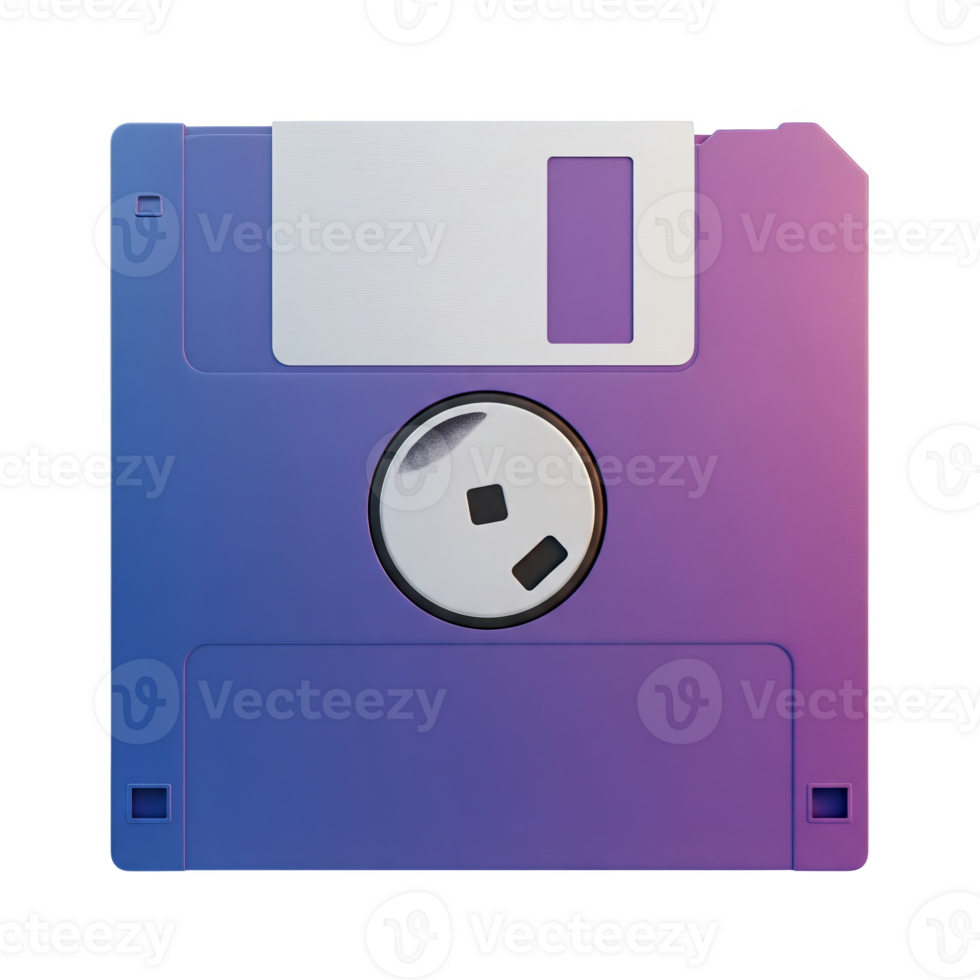 A retro gradient floppy disk, isolated on transparent background, showcasing a blend of blue and purple hues png