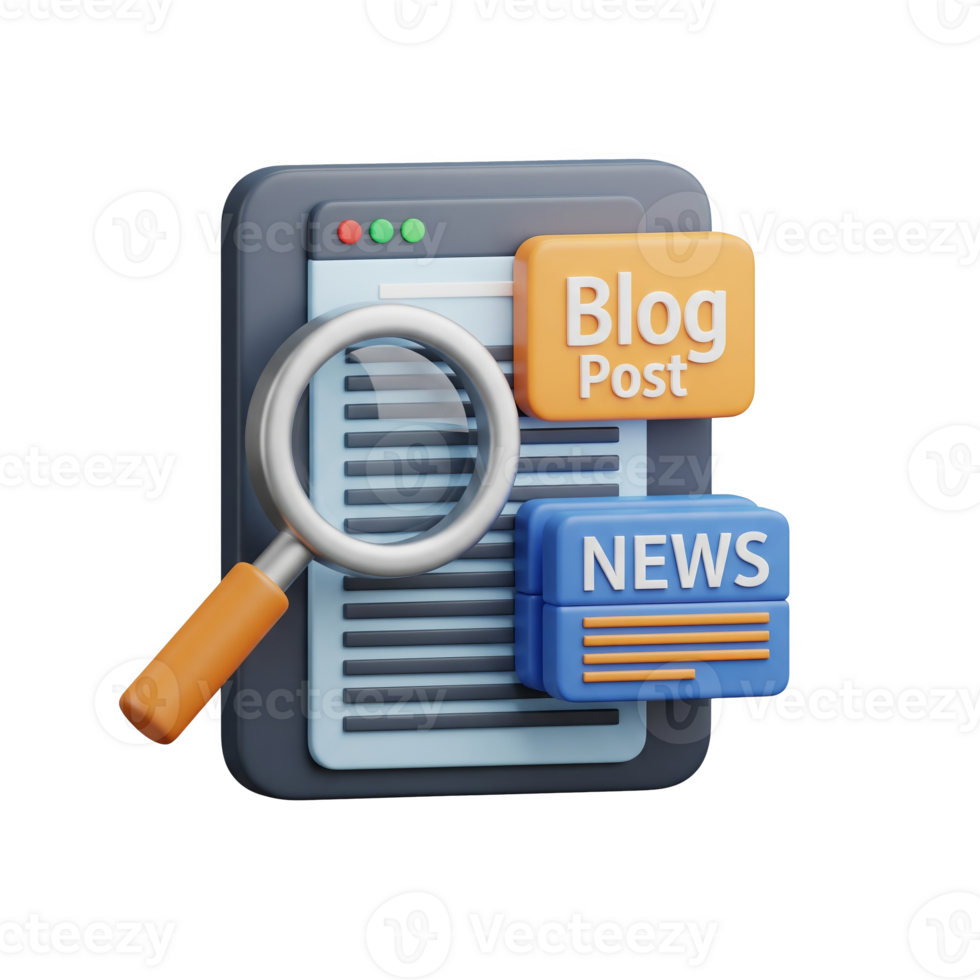 3 D Render of Smartphone Displaying Blog Post and News Article with Magnifying Glass isolated on a transparent background png