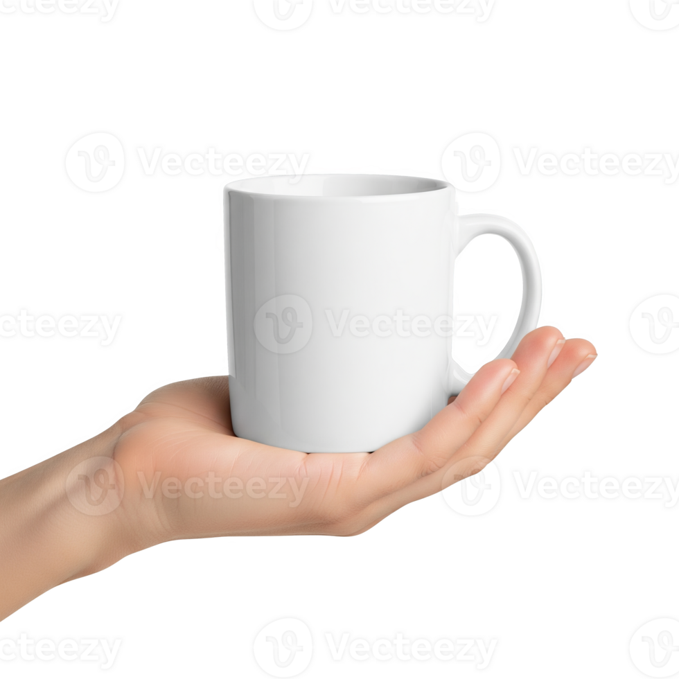 A pristine white mug rests gently in a hand, isolated on transparent background png