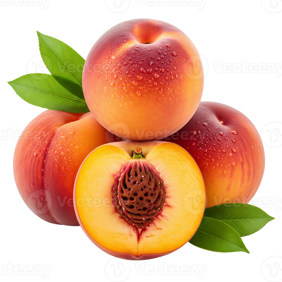 A cluster of ripe peaches, glistening with droplets, one sliced to reveal its pit, isolated on transparent background png
