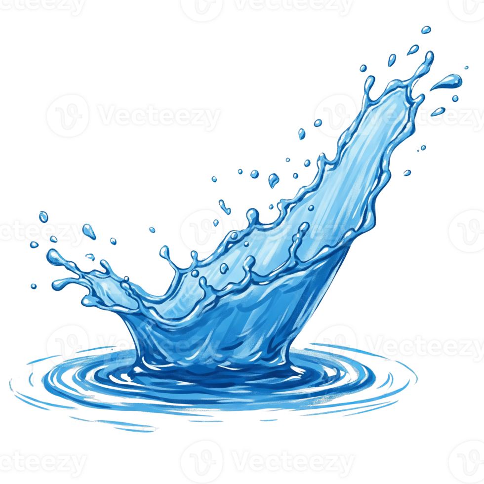 A dynamic splash of vibrant blue water erupts, creating ripples and droplets, isolated on transparent background png