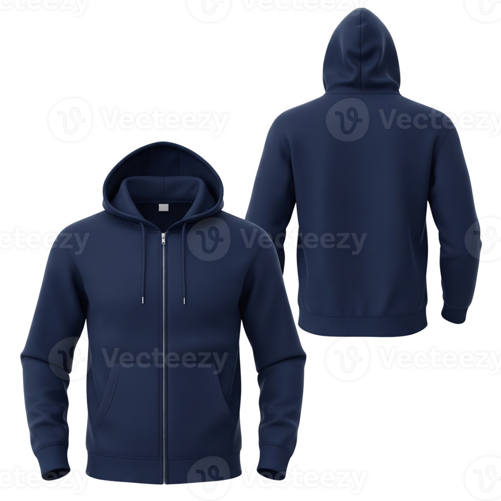 A navy blue hooded sweatshirt with a zipper, isolated on transparent background, shown from the front and back png