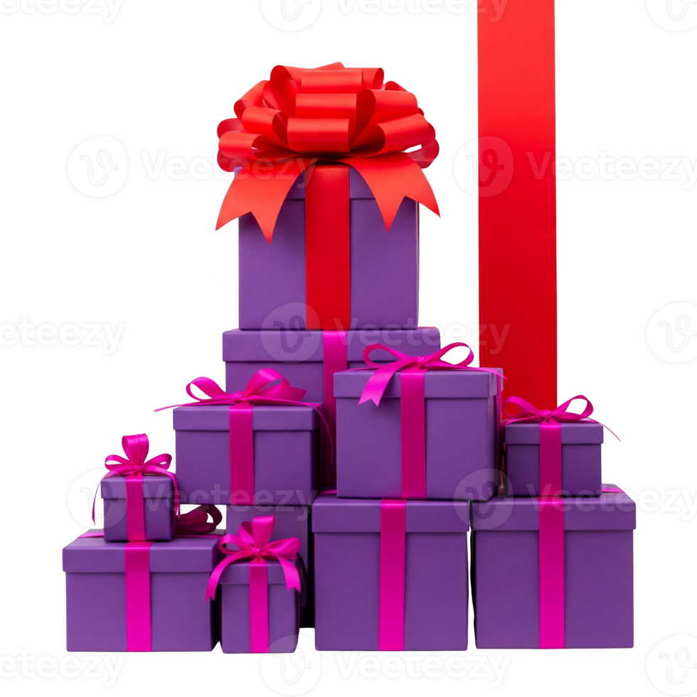 A stack of purple gift boxes tied with pink and red ribbons, isolated on transparent background png
