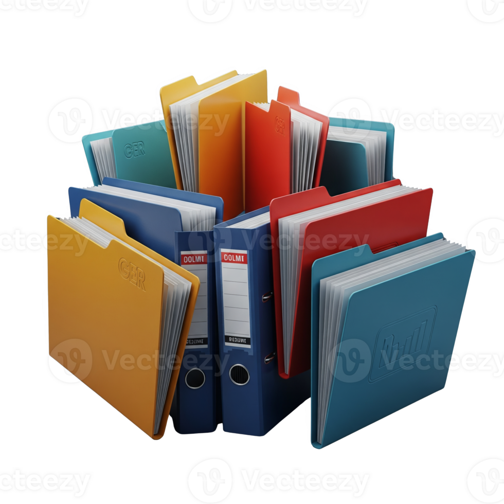 A vibrant collection of colorful file folders, isolated on transparent background, in shades of blue, yellow, orange, and red png