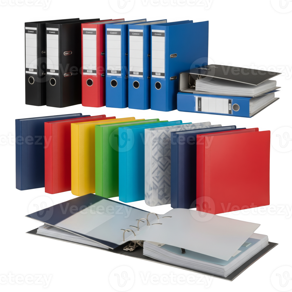 A vibrant collection of colorful ring binders, neatly arranged and isolated on transparent background png