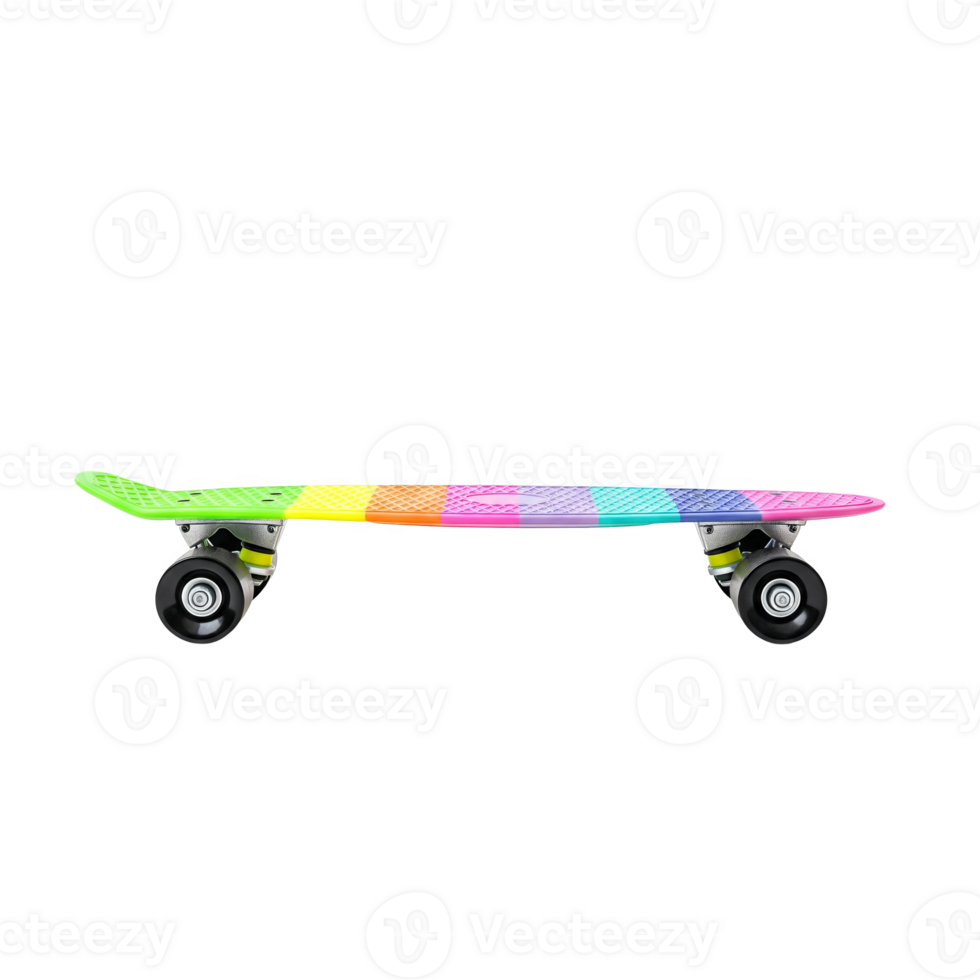 A vibrant rainbow penny board, isolated on transparent background, showcasing a spectrum of colors from green to pink png