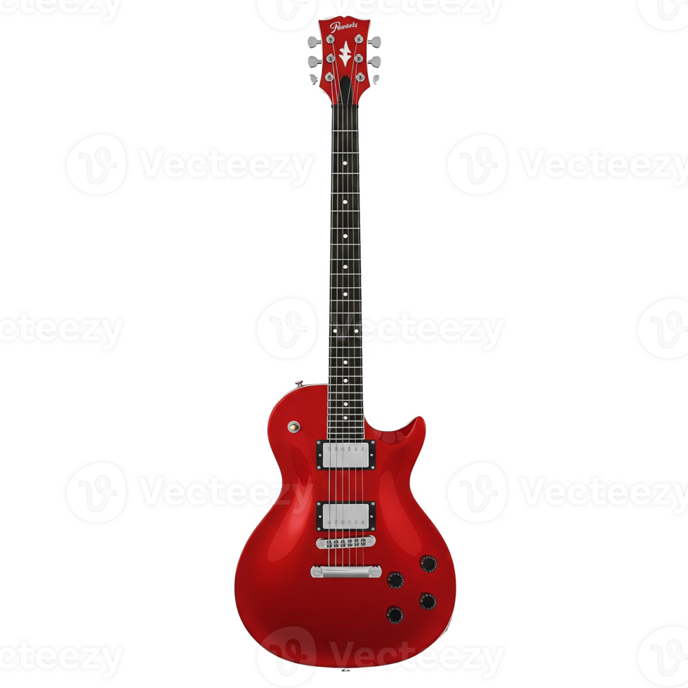 A vibrant red electric guitar, isolated on transparent background, showcasing its sleek design and polished finish png