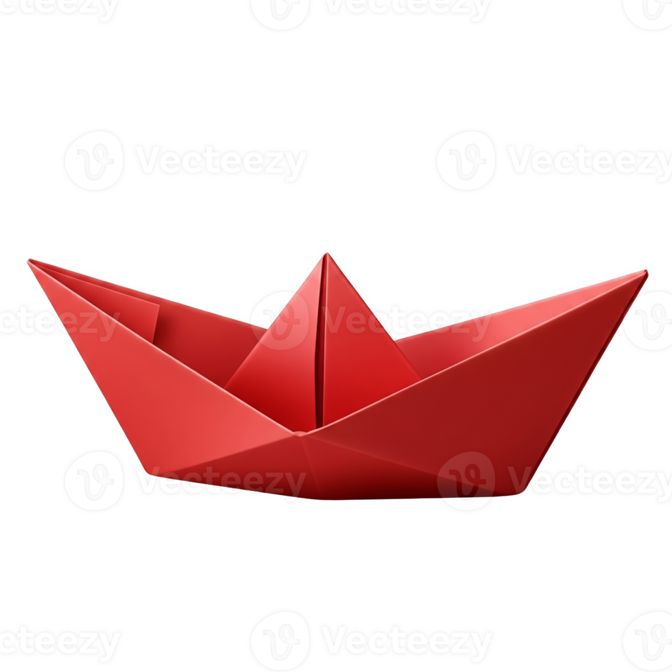 A vibrant red paper boat, isolated on transparent background, ready to sail on imaginary seas png