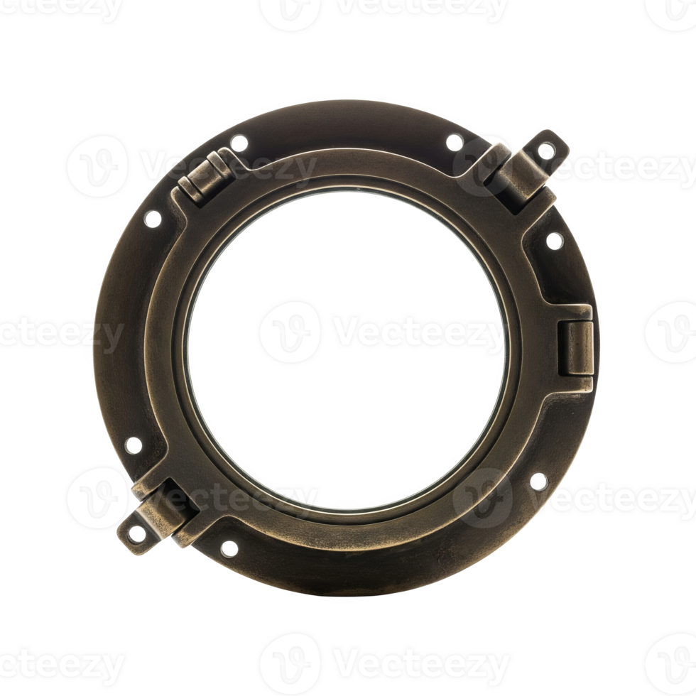A weathered bronze porthole, isolated on transparent background, hinting at nautical adventures and distant horizons png