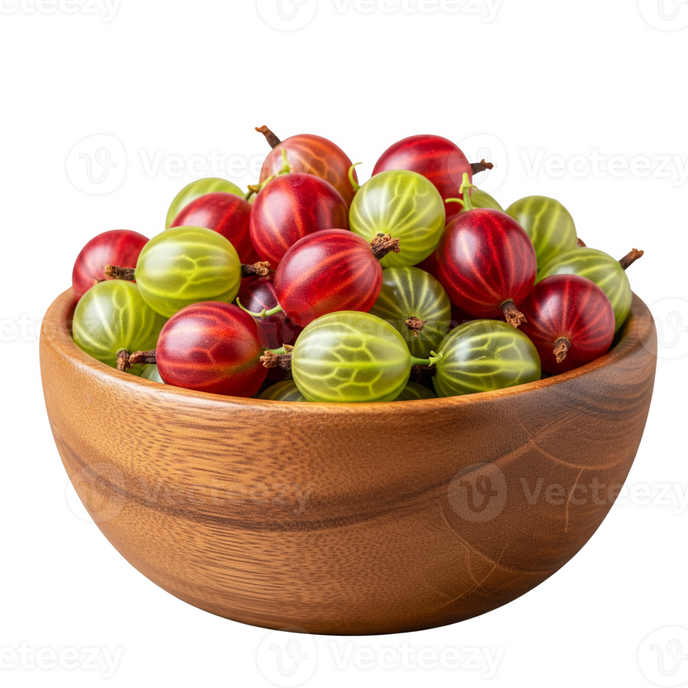 A wooden bowl filled with ripe red and green gooseberries, isolated on transparent background png