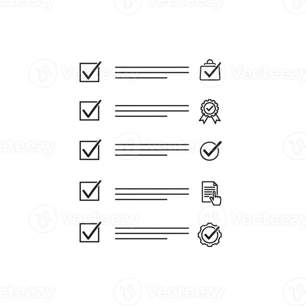 Checklist with checkmarks, shopping bag, award ribbon, document, and gear isolated on transparent background png