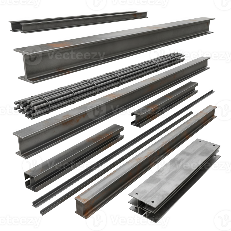 An array of steel beams and rebar, isolated on transparent background, showcasing various structural metal profiles with hints of rust png