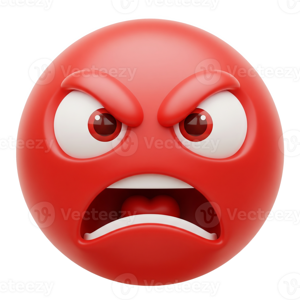 Angry Red Emoticon 3 D Render Furious Expression Cartoon Face isolated on a transparent background png