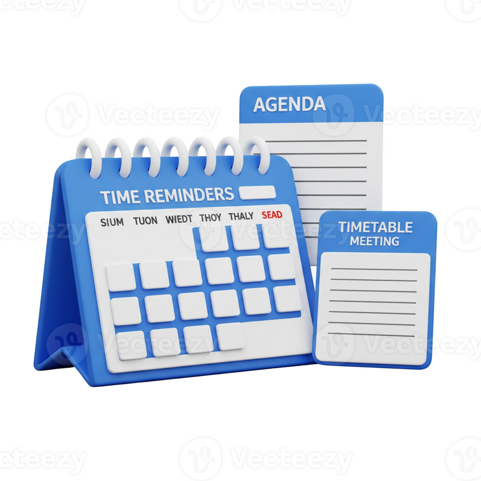 Blue and white calendar with time reminders, agenda, and timetable meeting isolated on transparent background png