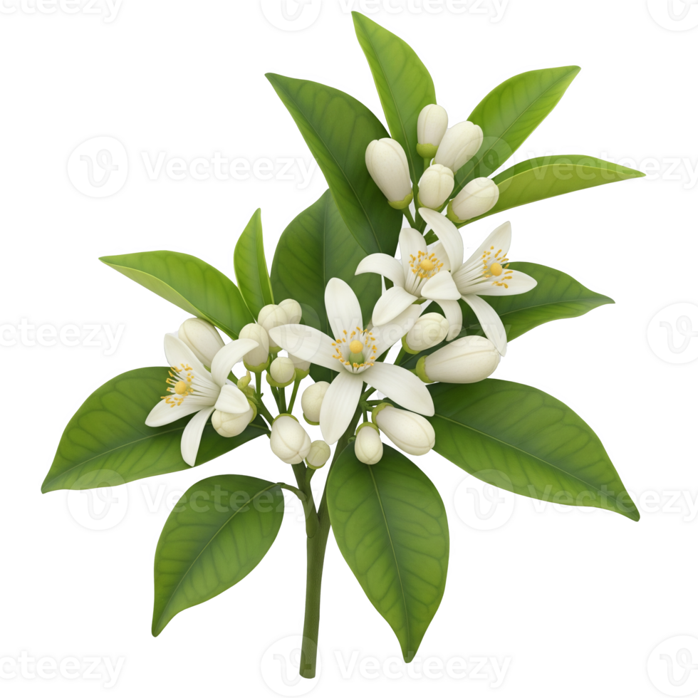 Delicate orange blossoms and buds, isolated on transparent background, with vibrant green leaves png