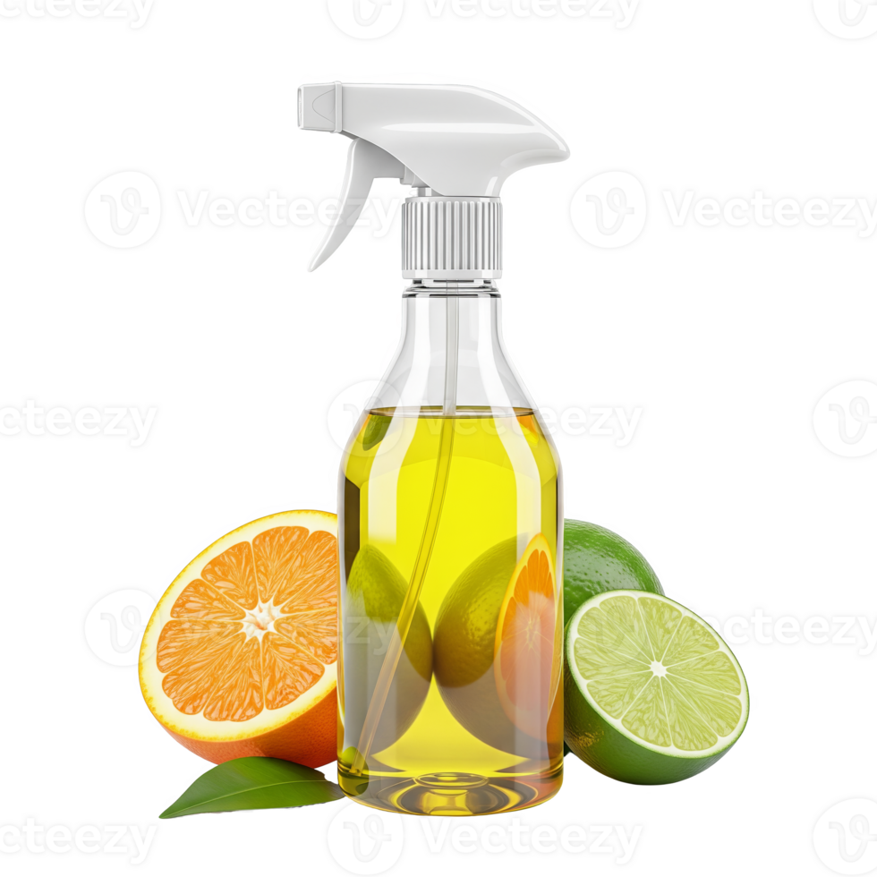 Citrus infused cleaning spray in a clear bottle with orange and lime, isolated on transparent background png