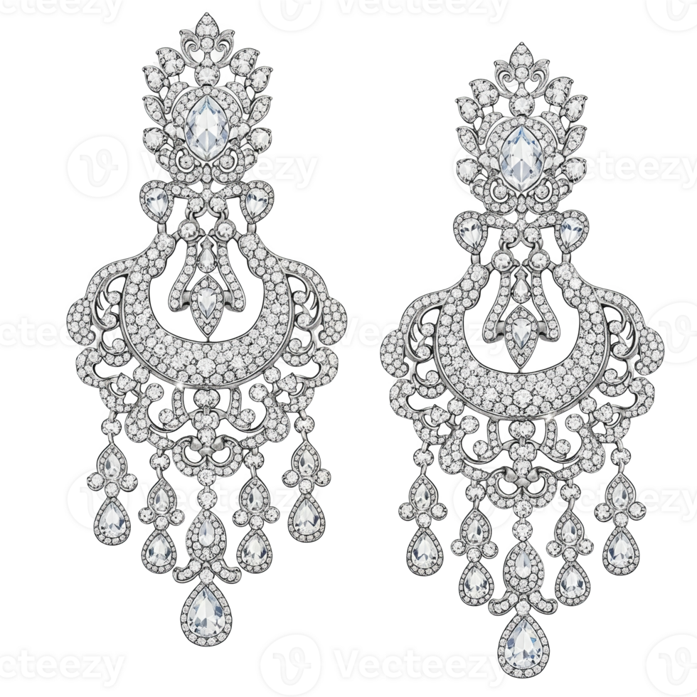 Dazzling chandelier earrings, intricately designed with sparkling gems, isolated on transparent background png