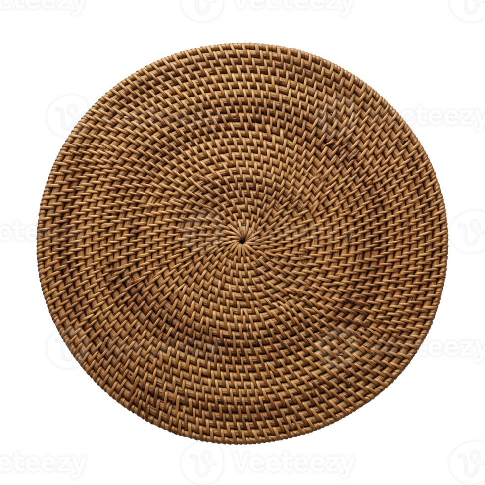 A woven rattan charger plate, its intricate pattern spiraling from the center, isolated on transparent background png