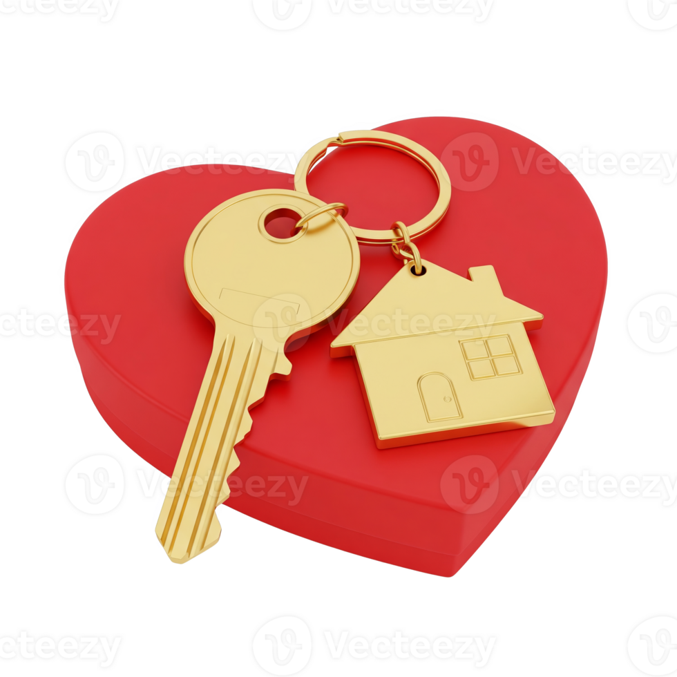 Golden key and house keychain resting on a red heart, isolated on transparent background png