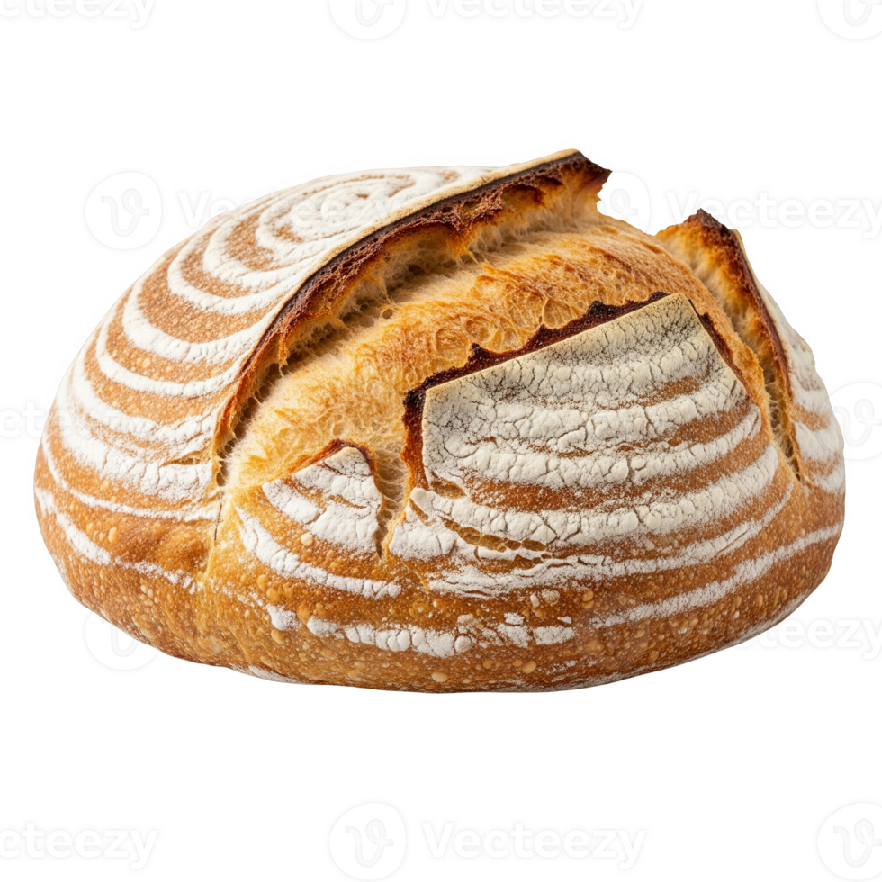 Golden sourdough loaf, dusted with flour and scored, isolated on transparent background png