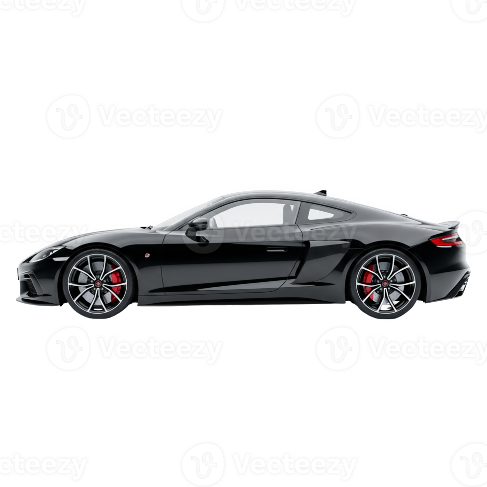 Sleek black sports car with red brake calipers isolated on transparent background png