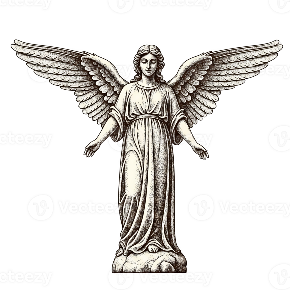 Stippled Engraving Style Angel Figure White Robe Large Wings Standing Serene Pose isolated on a transparent background png