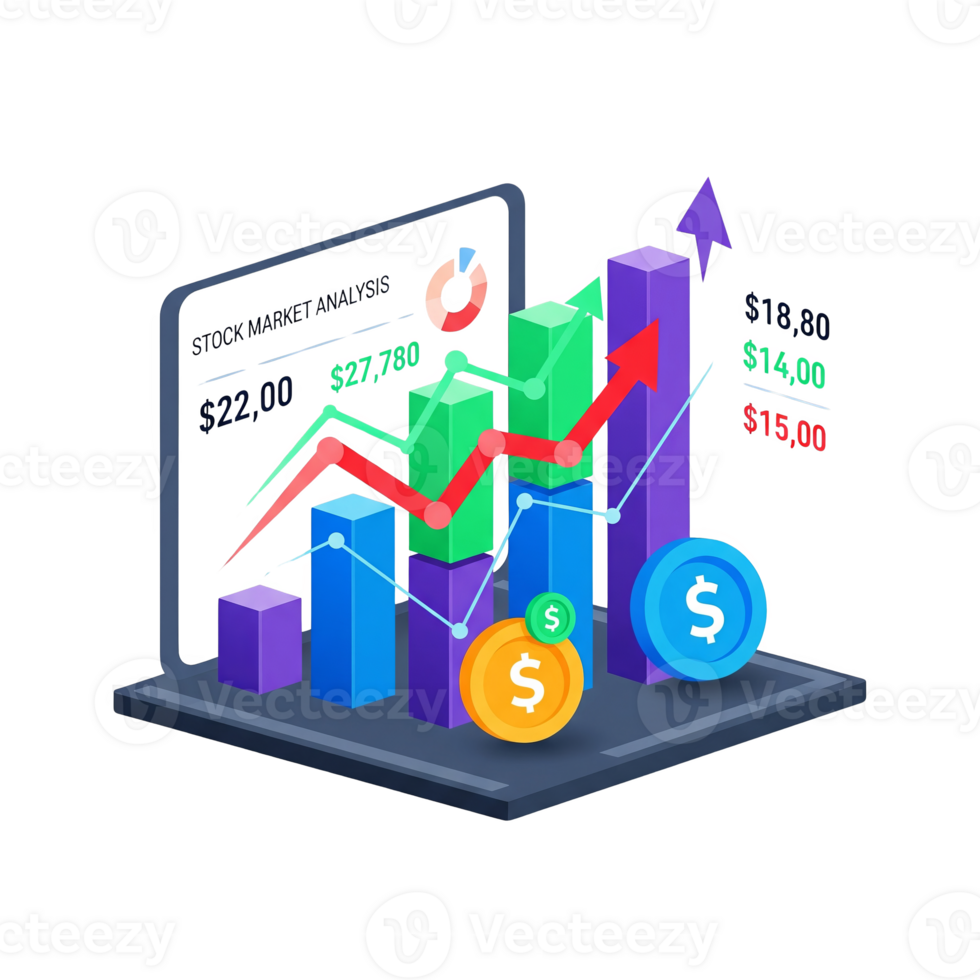 Stock market analysis with rising graph and dollar coins, isolated on transparent background png