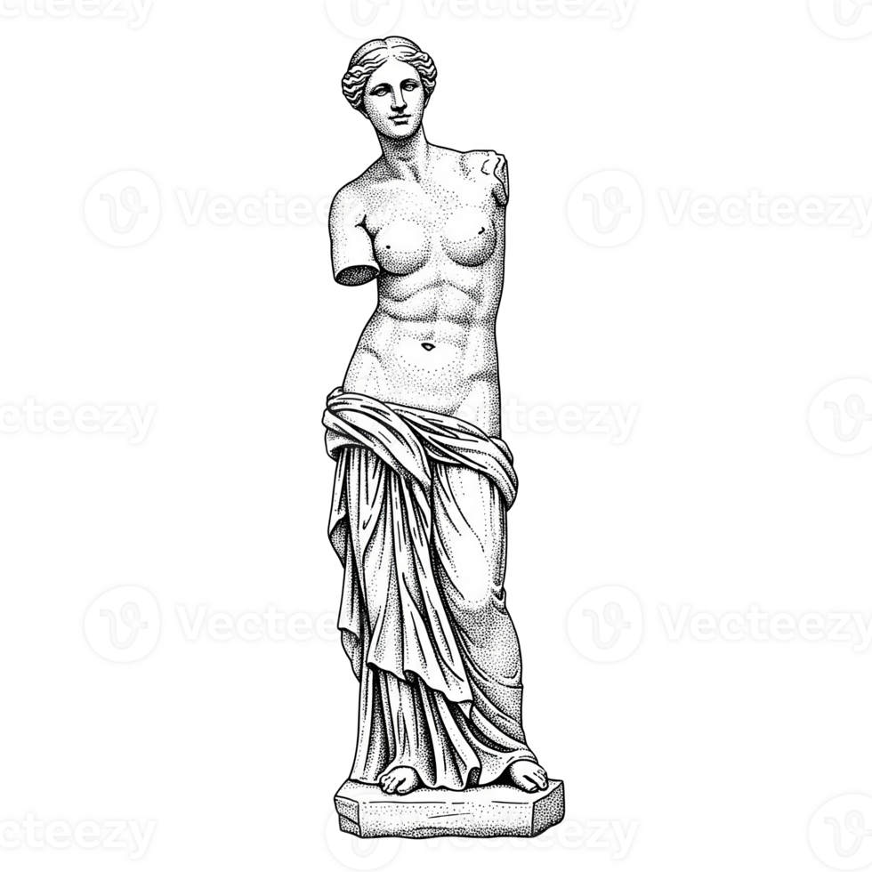 Stippled Engraving Style Venus de Milo Statue White Marble Classical Sculpture isolated on a transparent background png
