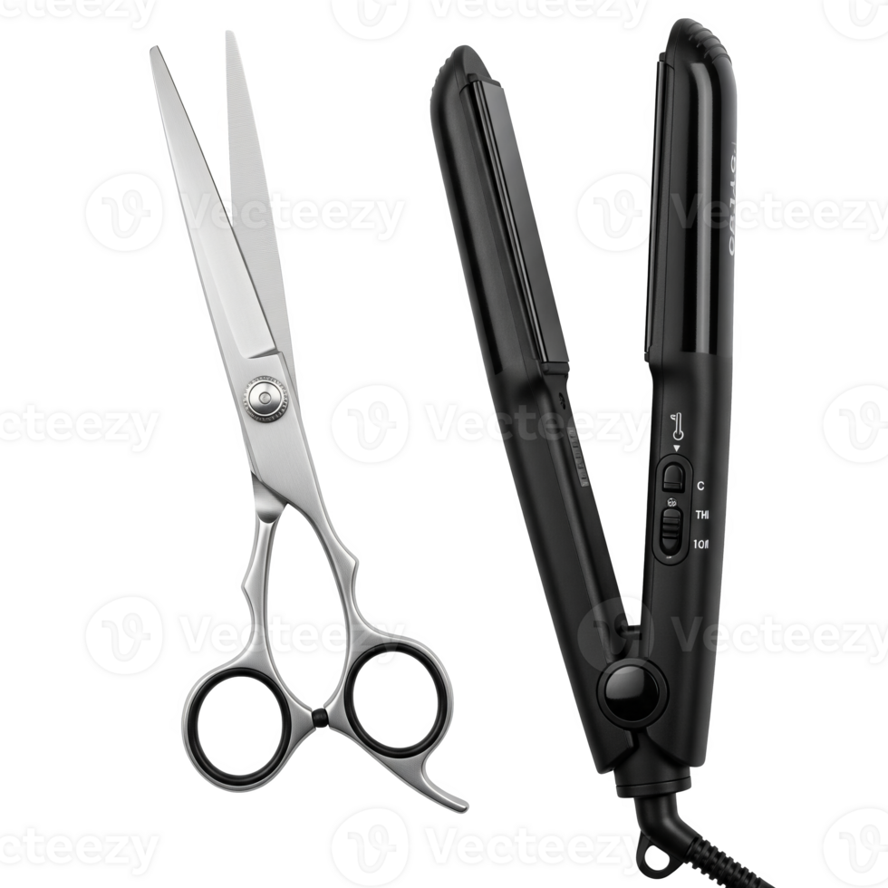 Silver scissors and black hair straightener isolated on transparent background png