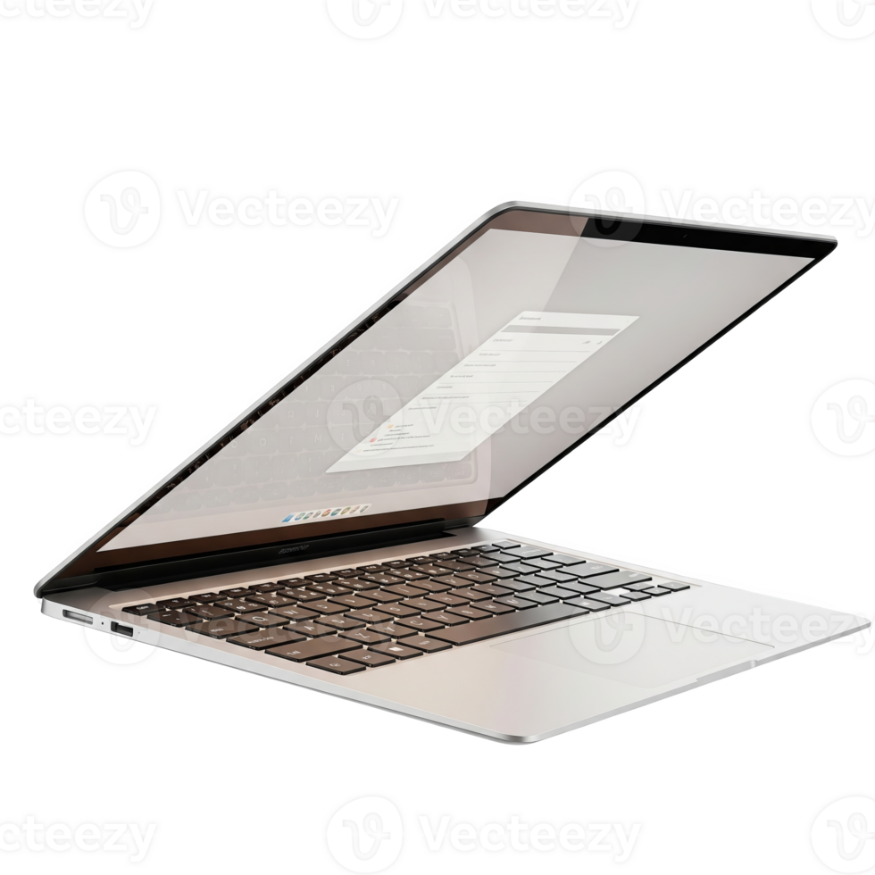 Sleek silver laptop with a partially open screen displaying a form, isolated on transparent background png