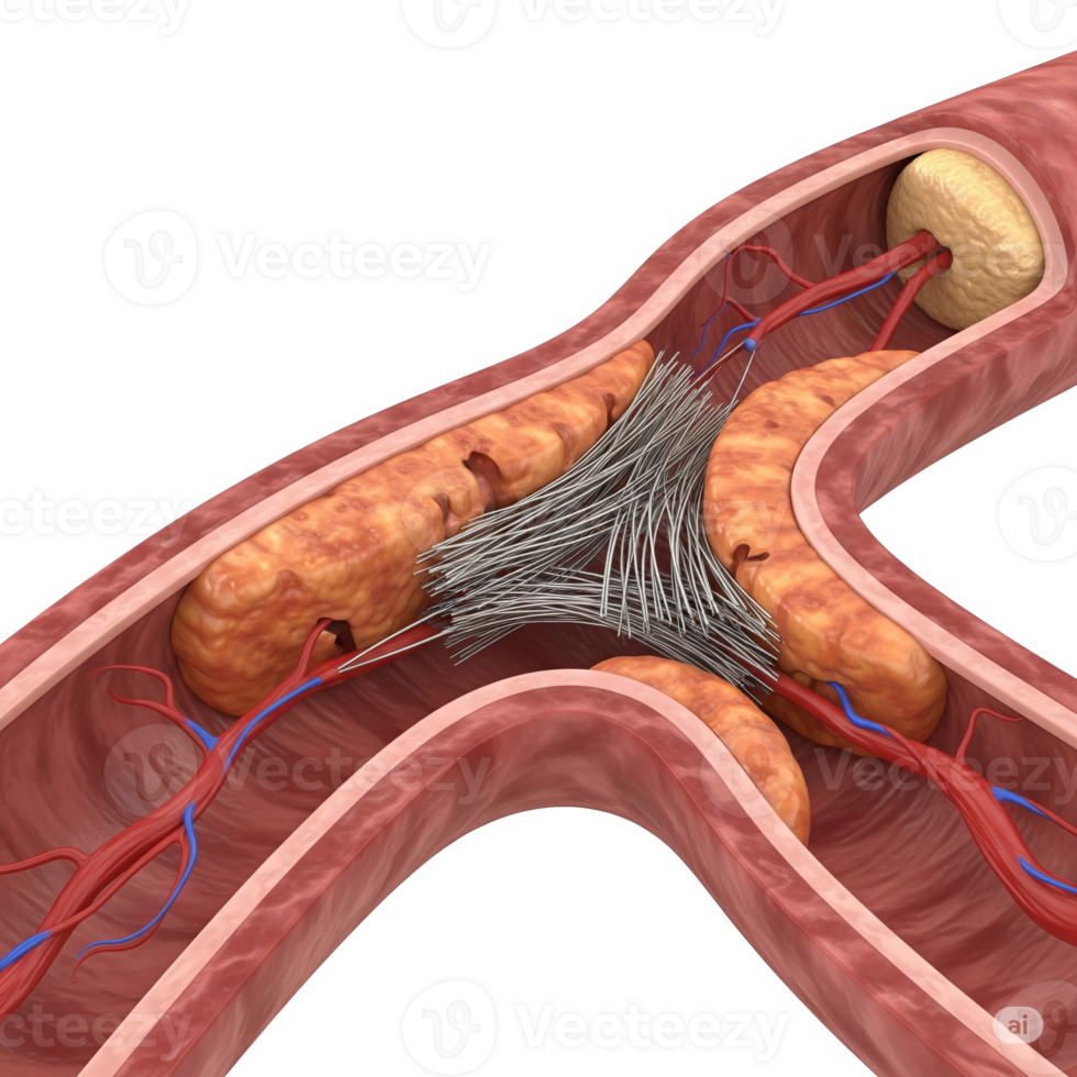 Stent deployment within an artery obstructed by plaque, showing blood flow restoration png