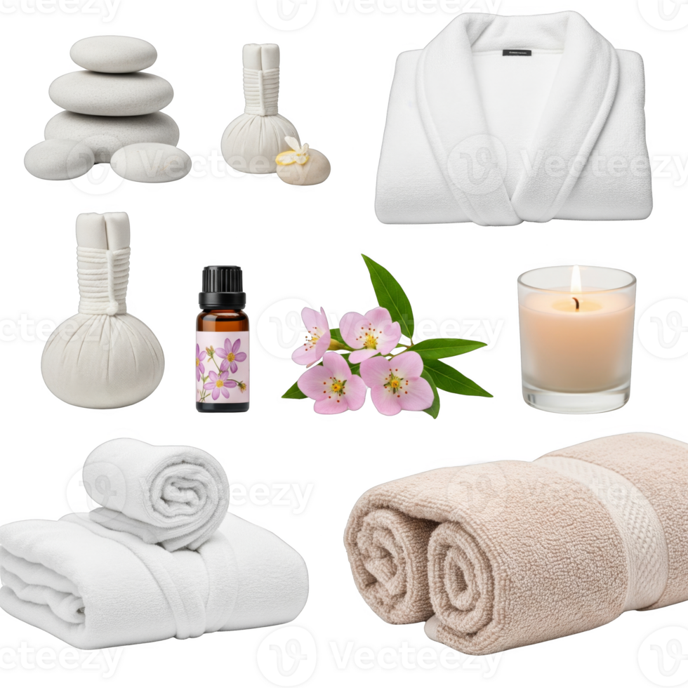 Spa day essentials stacked stones, massage poultices, essential oil, flowers, candle, and towels isolated on transparent background png