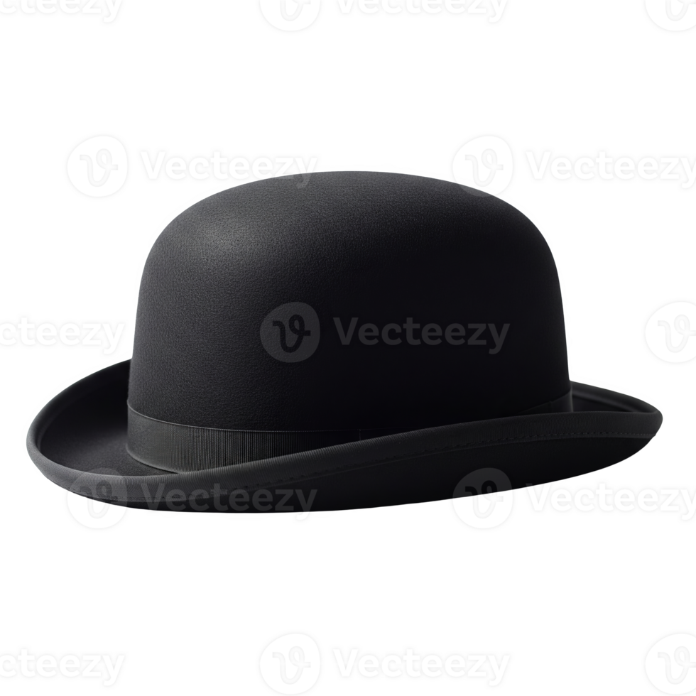 A classic black bowler hat, isolated on transparent background, with a subtle ribbon detail png