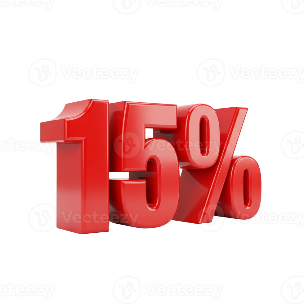 A bold red 15 percent discount isolated on transparent background, symbolizing a significant price reduction png