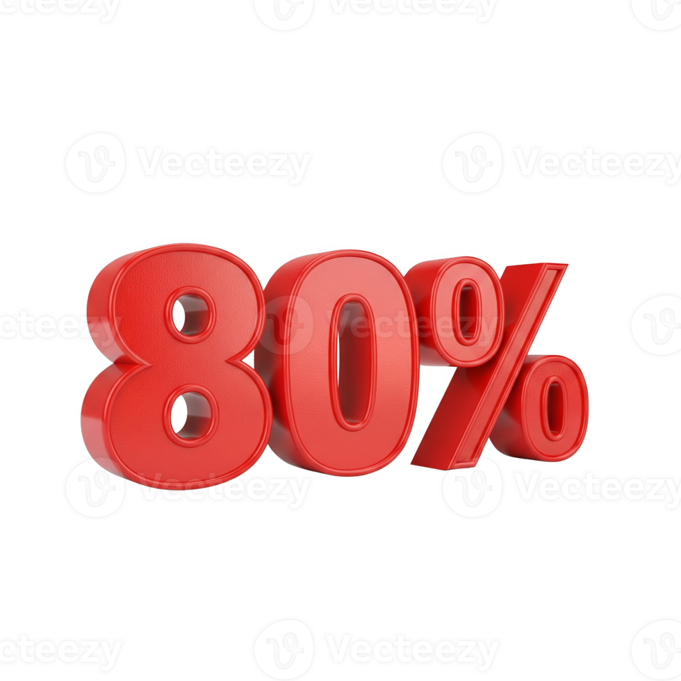 A bold red 80 percent isolated on transparent background, signifying a substantial discount or sale png