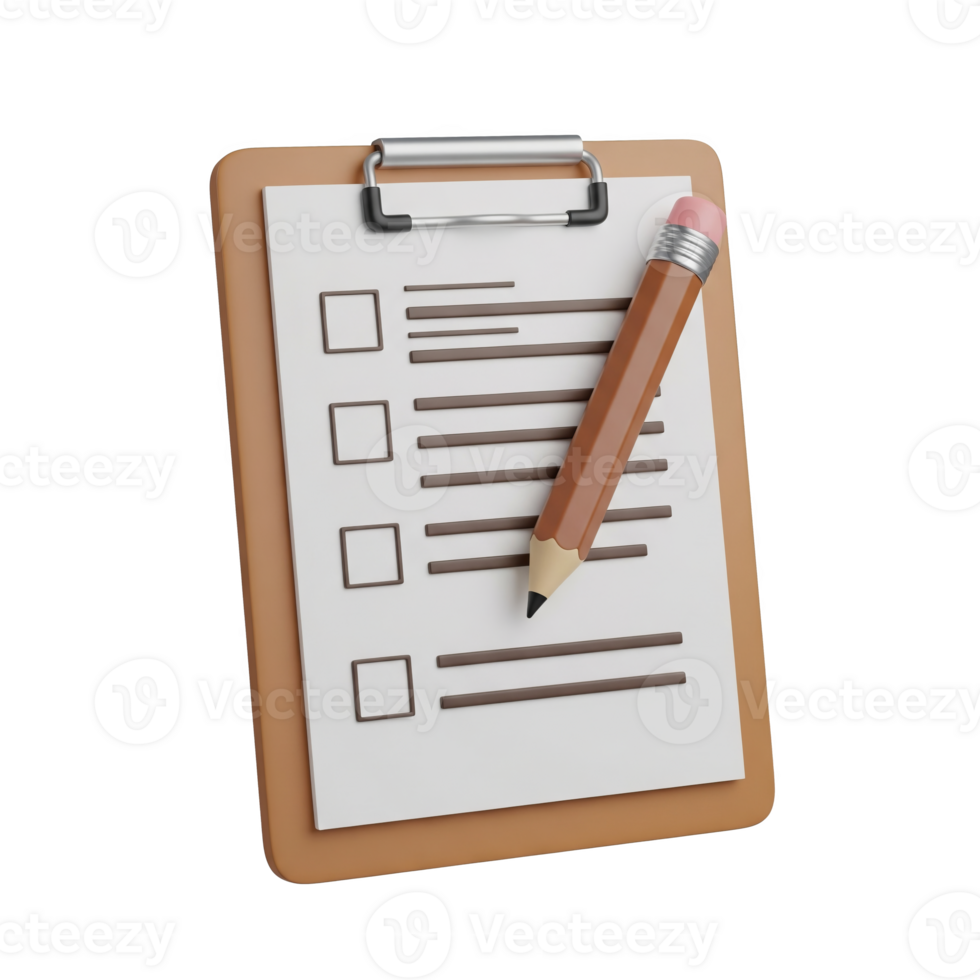 A clipboard with a checklist and a pencil isolated on transparent background png