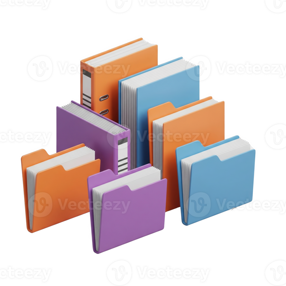 A collection of colorful folders and binders, isolated on transparent background png